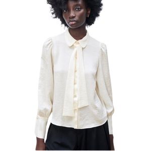 Zara Off White Neck Tie Pearl Button Blouse